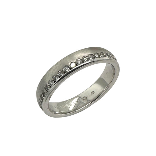 18ct white gold diamond off-set wedding band. Henry D Johnstone Jewellers. Alderley Edge, Poynton, Cheshire.