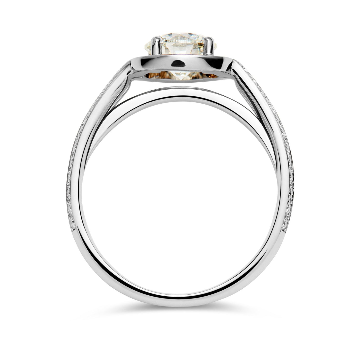 Platinum round brilliant cut diamond solitaire ring grain set surround & open split shoulders - 1.01ct