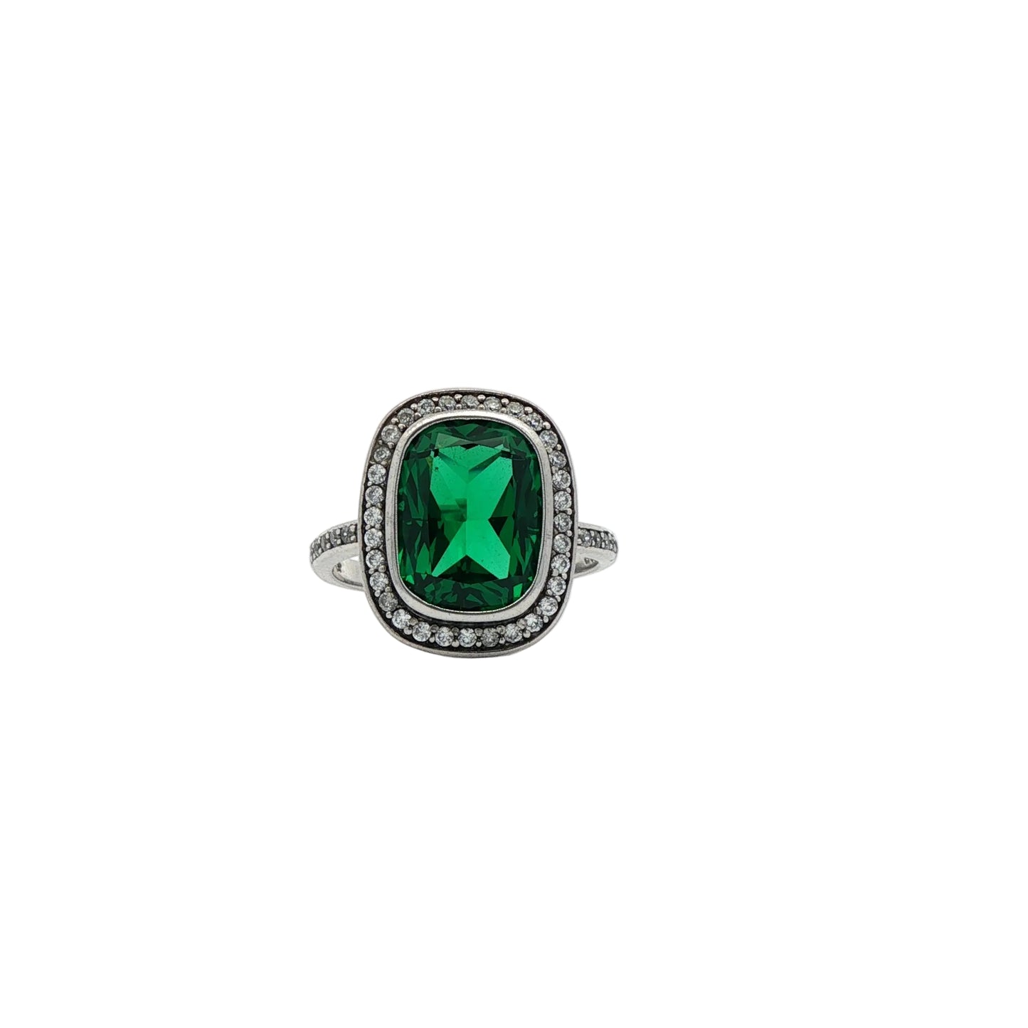 Carat Cushion cut & Emerald simulant ring with halo of white stones.