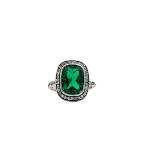 Carat Cushion cut & Emerald simulant ring with halo of white stones.