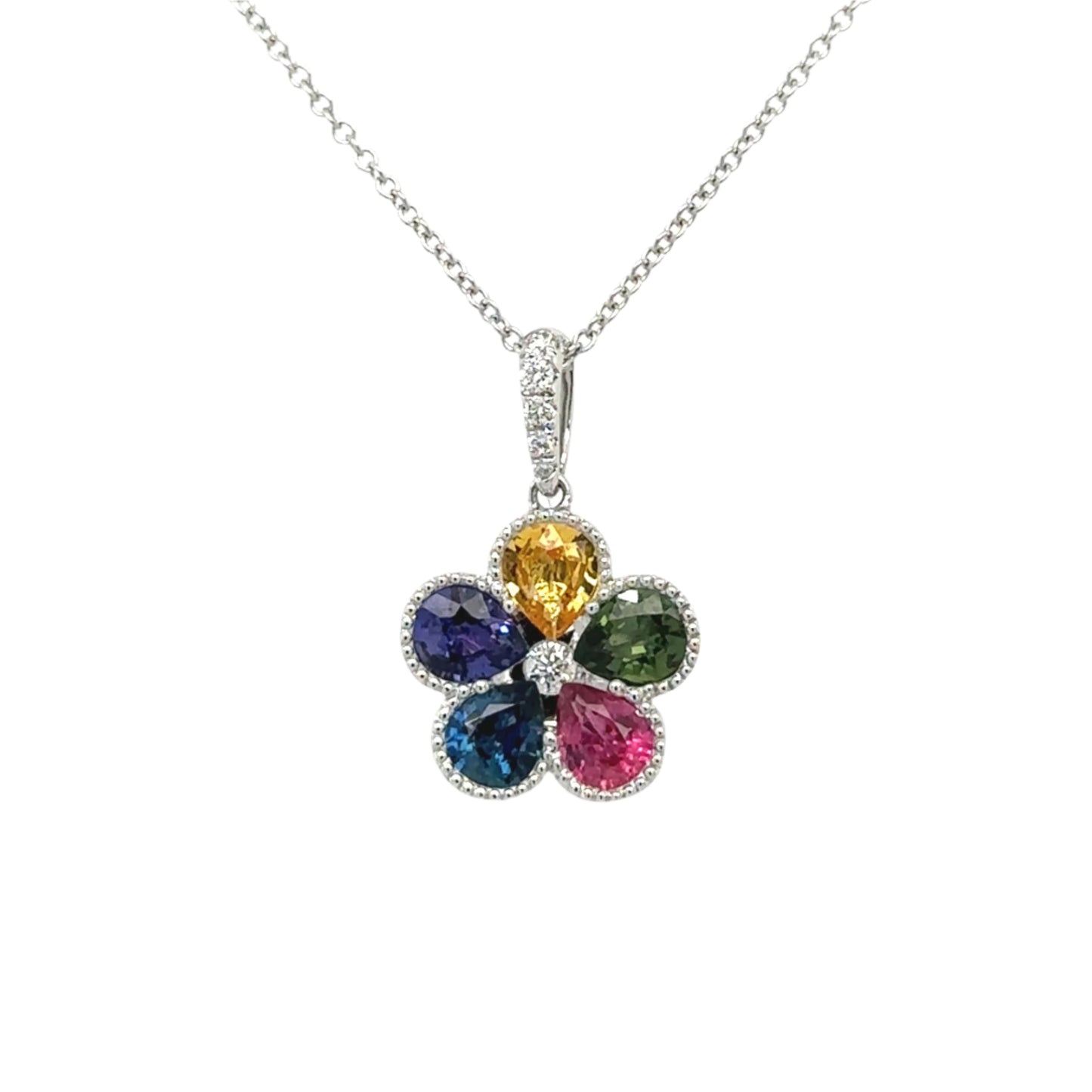 18ct white gold fancy sapphire and diamond 'flower' cluster drop pendant on chain - S1.71/D0.09ct