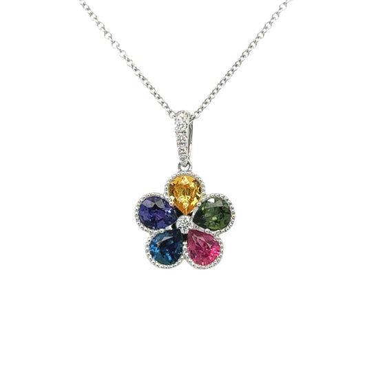 18ct white gold fancy sapphire and diamond 'flower' cluster drop pendant on chain - S1.71/D0.09ct