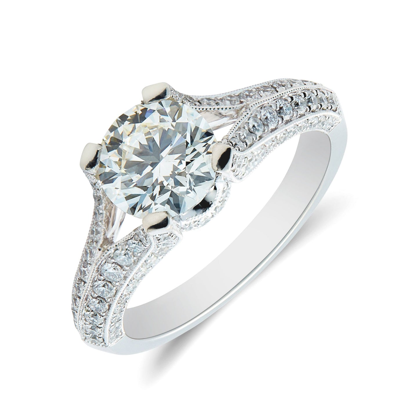 Platinum & round brilliant cut diamond solitaire ring with diamond set claws and shank. Henry D Johnstone Jewellers. Alderley Edge, Poynton, Cheshire.