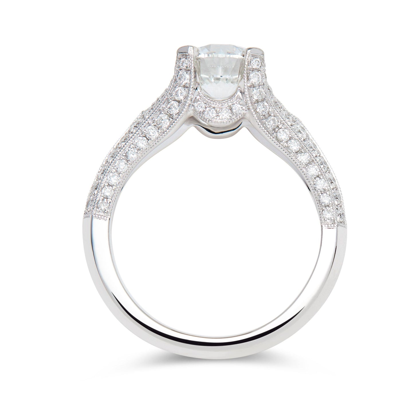 Platinum & round brilliant cut diamond solitaire ring with diamond set claws and shank - 1.50ct.