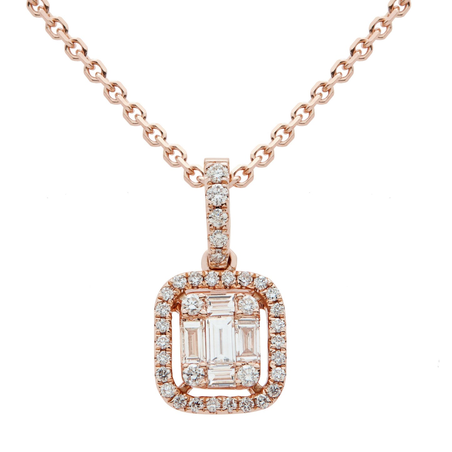 18ct rose gold baguette and round brilliant cut diamond pendant. Henry D Johnstone Jewellers, Alderley Edge, Poynton, Cheshire.