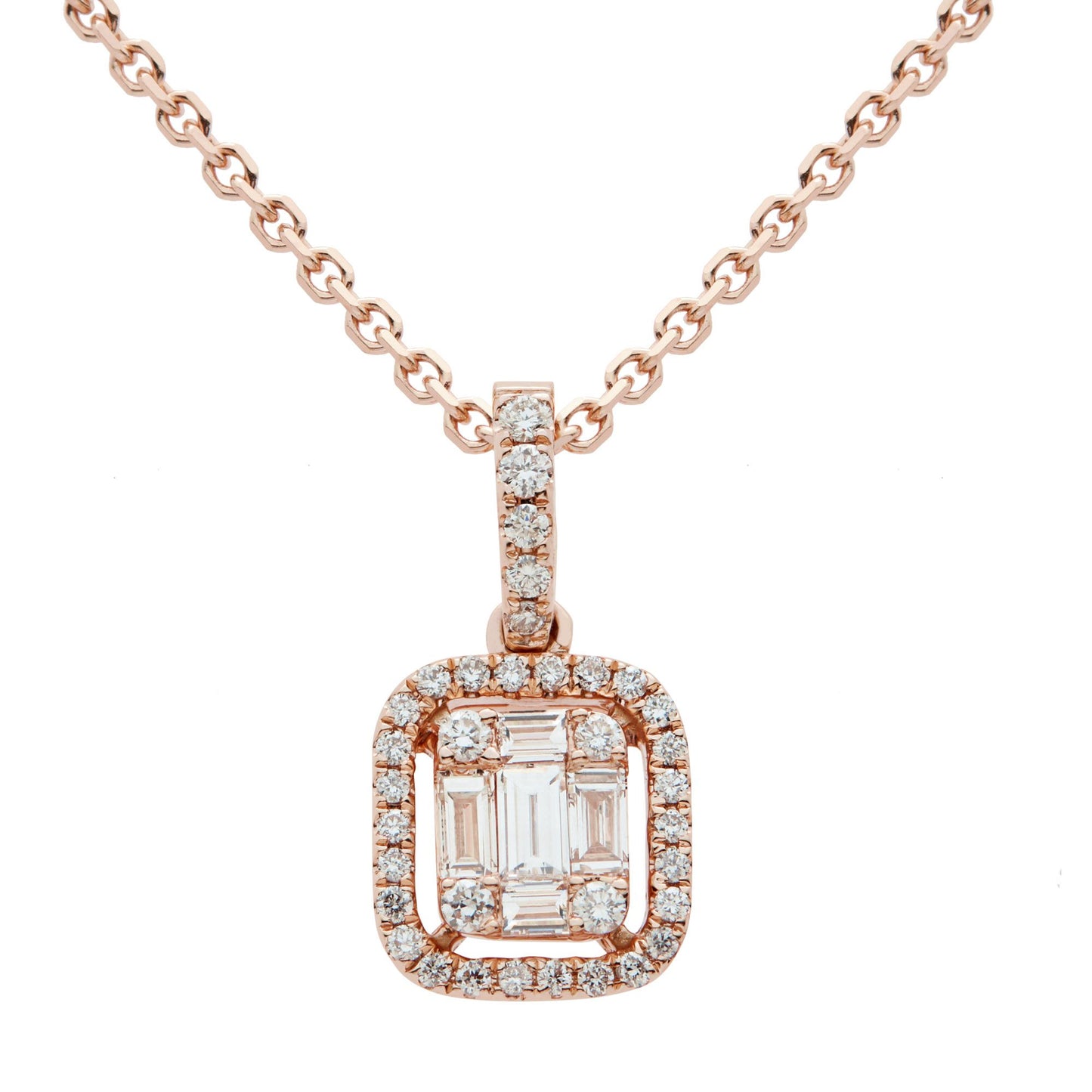 18ct rose gold baguette and round brilliant cut diamond pendant - 0.47ct