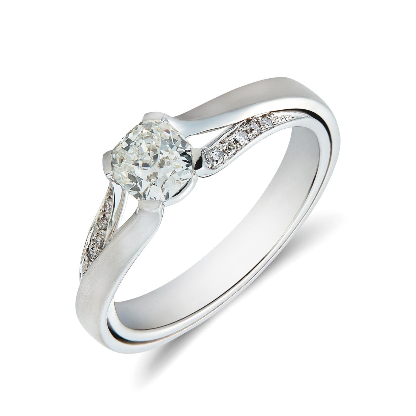 18ct white gold & cushion cut diamond solitaire double cross over band. Henry D Johnstone Jewellers. Alderley Edge, Poynton, Cheshire.