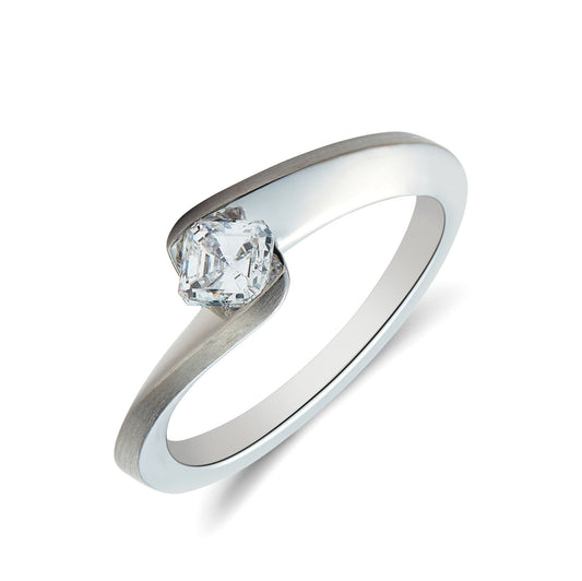 18ct white gold ascher cut diamond set crossover ring. Henry D Johnstone Jewellers. Alderley Edge, Poynton, Cheshire.