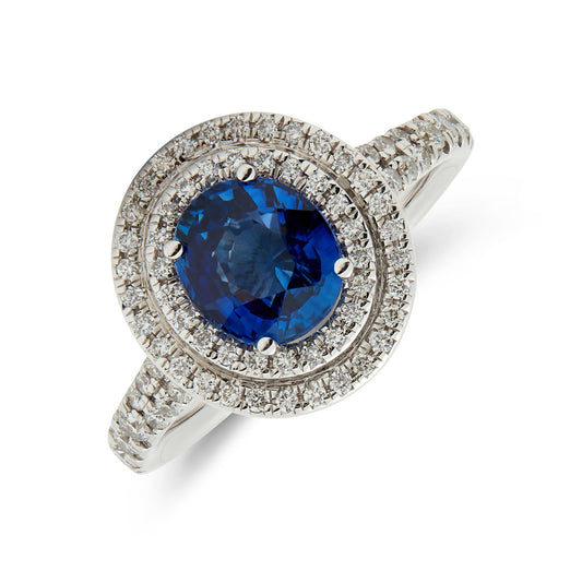 Classic blue sapphire ring with double diamond halo