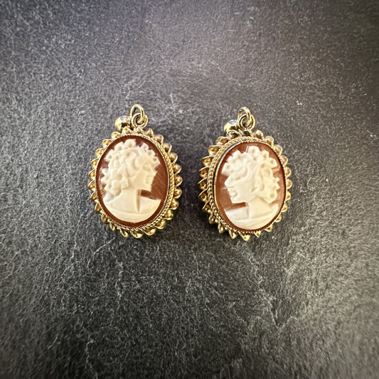 Pre-Owned: Precious yellow metal & coral cameo drop earrings.