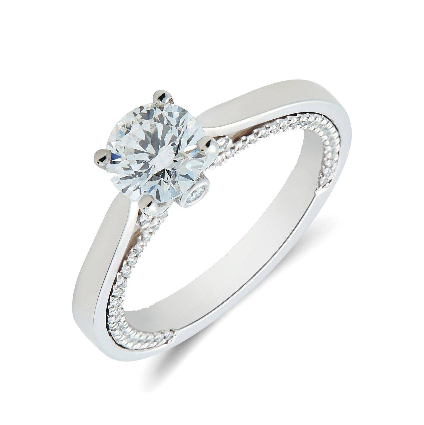 Platinum & round brilliant cut diamond solitaire ring with open shoulders and diamond set sides -  1.01ct.