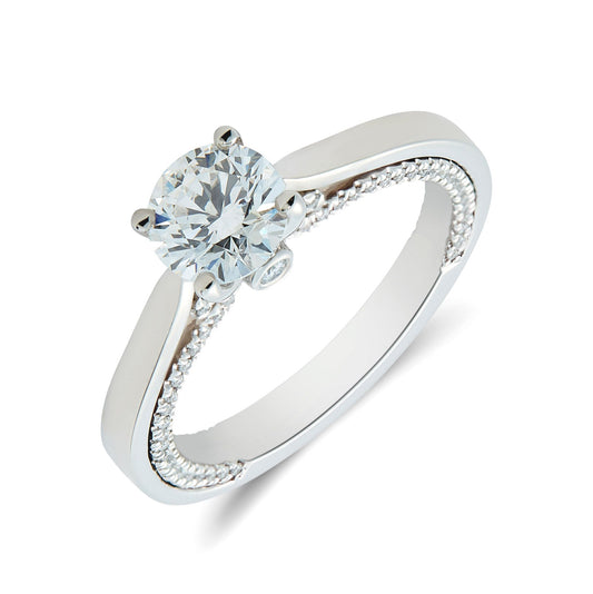 Platinum & round brilliant cut diamond solitaire ring with open shoulders and diamond set sides -  1.01ct.
