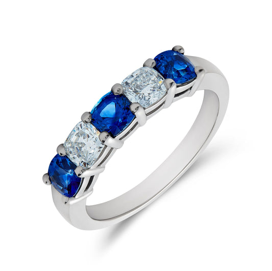 Cushion cut diamond and sapphire five stone eternity ring