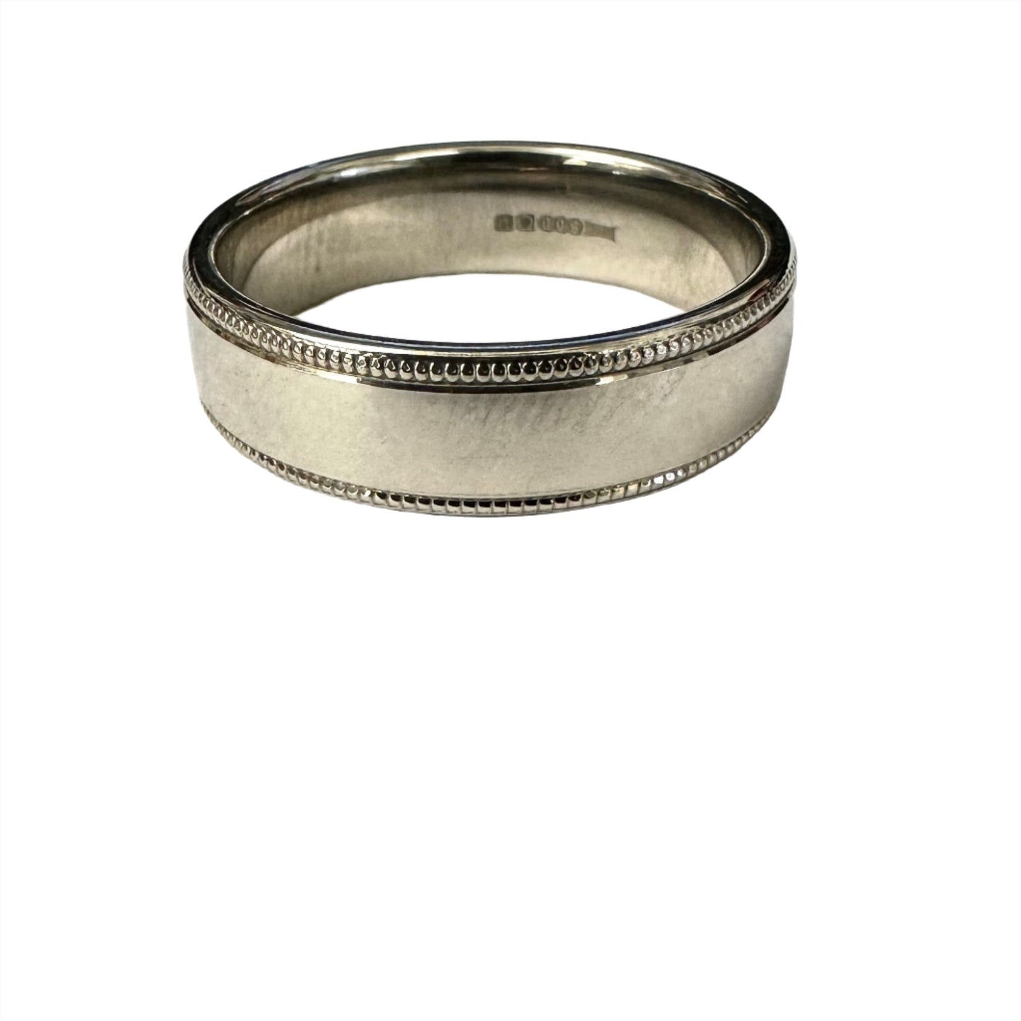 Palladium 500 Grained Edge Wedding Band. Henry D Johnstone Jewellers. Alderley Edge, Poynton, Cheshire.