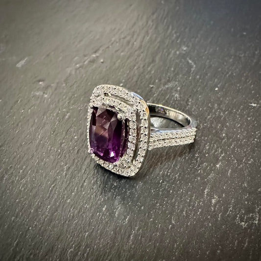 Pre owned platinum purple sapphire & diamond cocktail ring - 0.83ct.