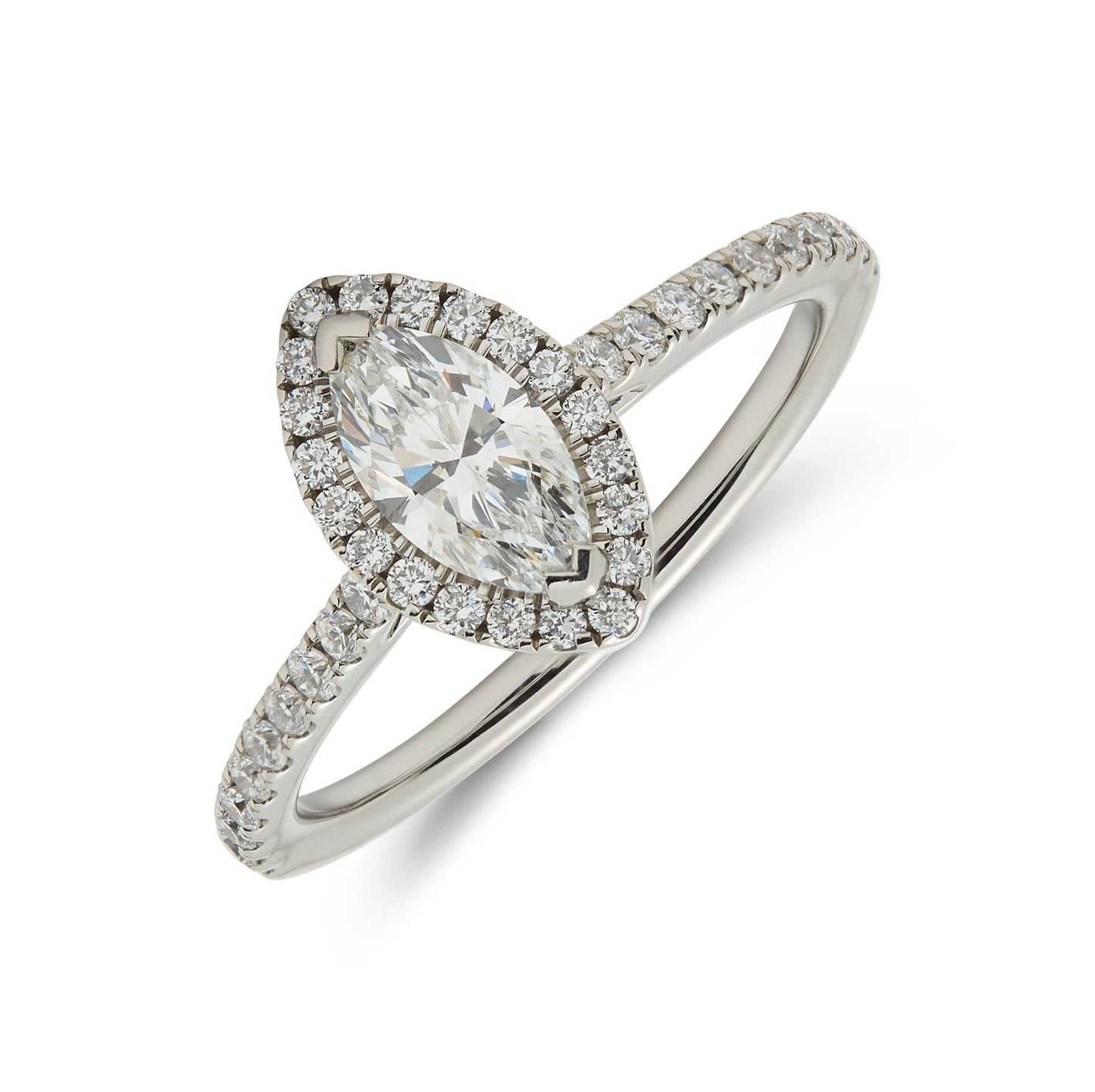 Platinum and marquis cut diamond with a diamond set surround and diamond set shank. Henry D Johnstone Jewellers. Alderley Edge, Poynton, Cheshire.