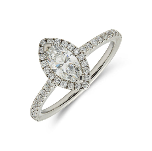 Platinum marquise & brilliant cut diamond halo ring - 0.93ct