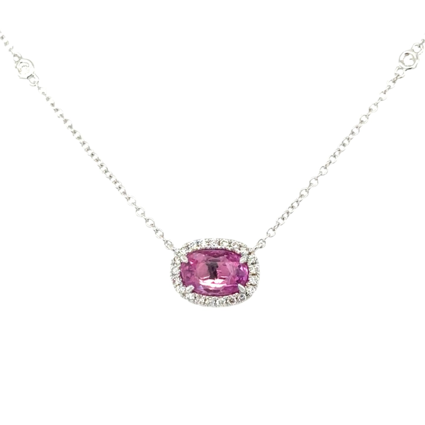 18ct white gold rose cut pink sapphire and brilliant cut diamond necklace.