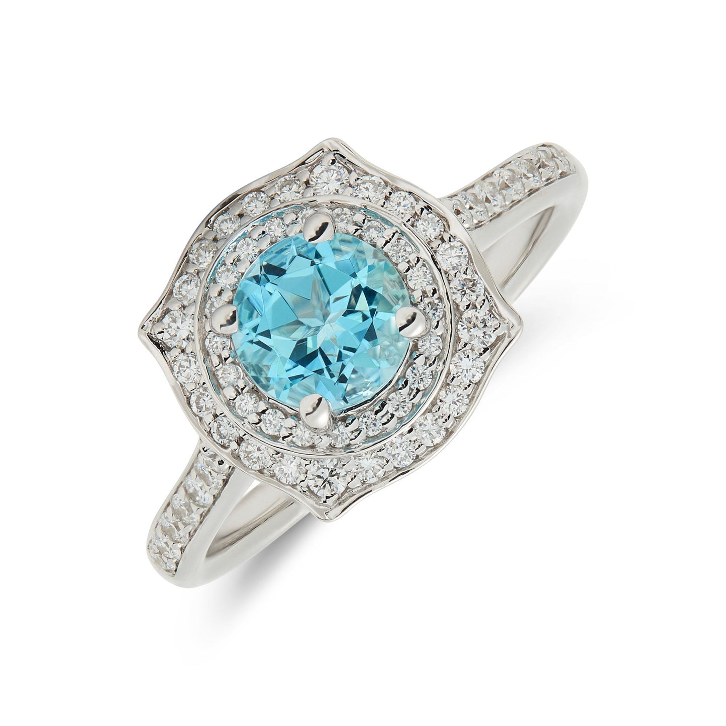 18ct White Gold Aquamarine & Diamond Halo Cluster Ring - 0.61ct