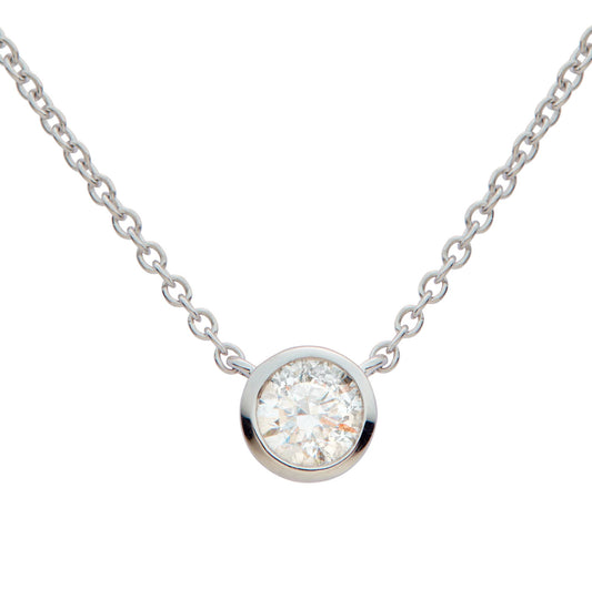 18ct white gold & round brilliant cut rub-over set diamond pendant. Henry D Johnstone Jewellers, Alderley Edge, Poynton, Cheshire.