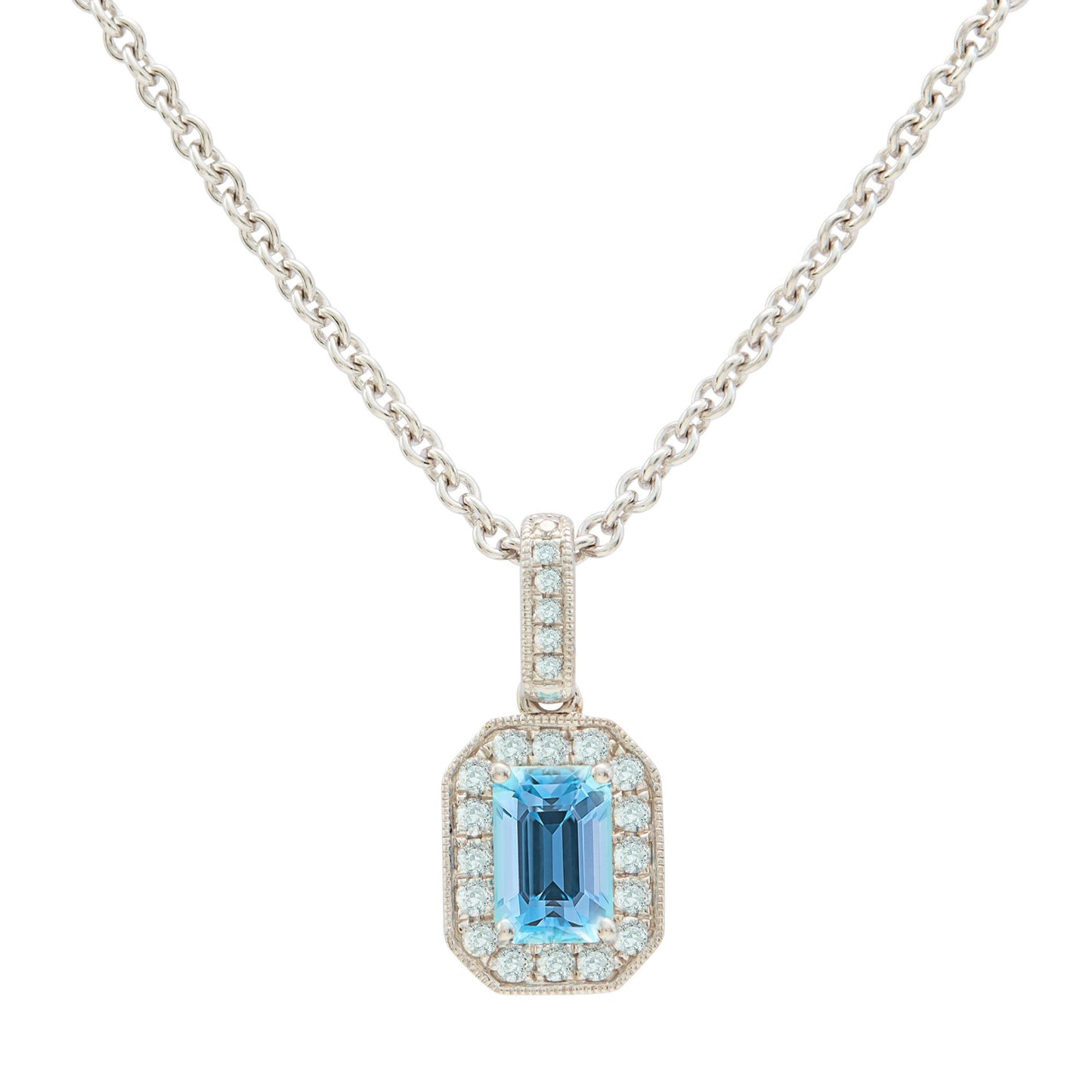 18ct white gold & aquamarine diamond halo pendant - 0.15ct