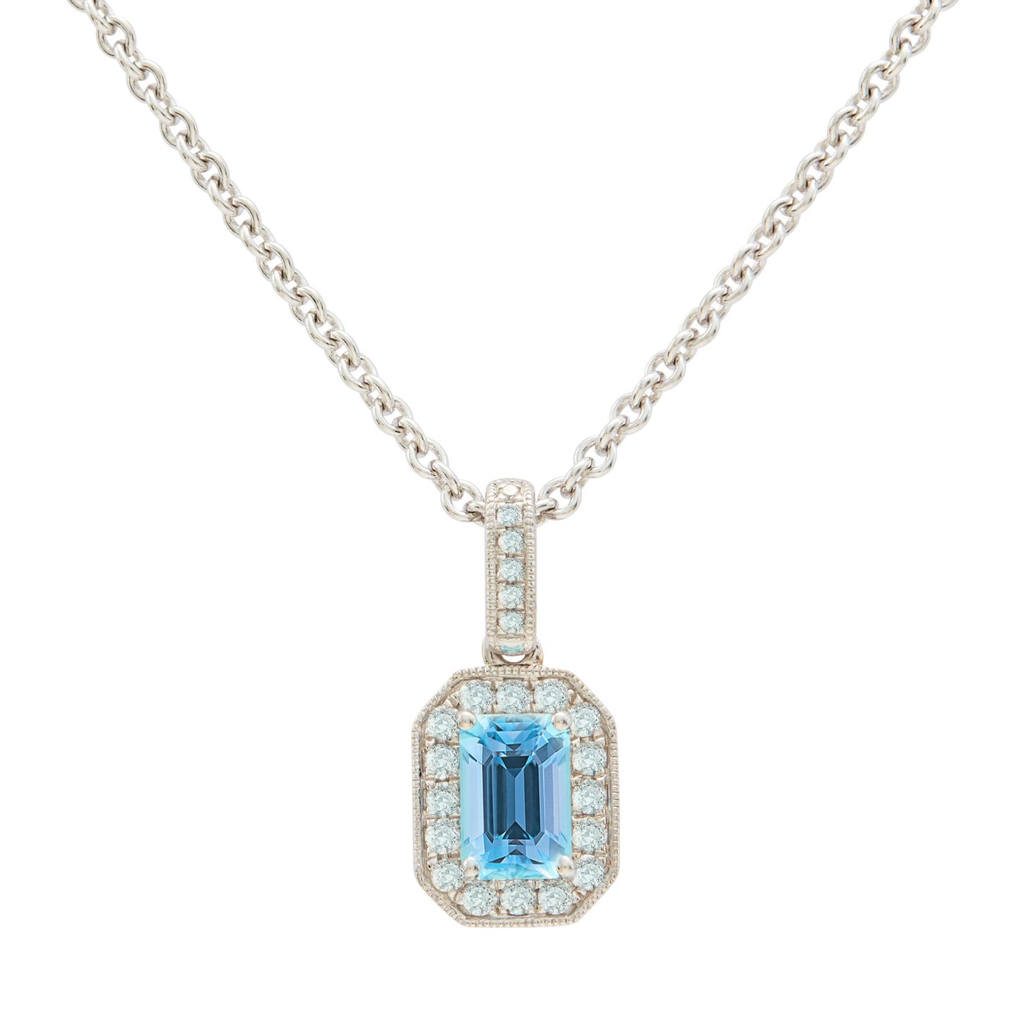 18ct white gold & aquamarine diamond halo pendant. Henry D Johnstone Jewellers, Alderley Edge, Poynton, Cheshire.