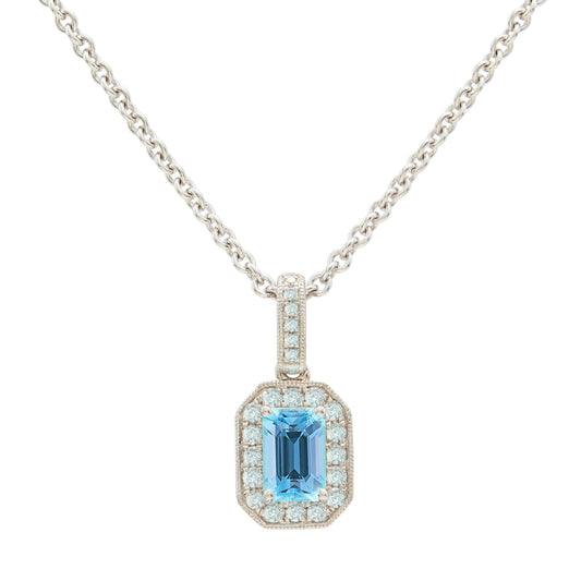 18ct white gold & aquamarine diamond halo pendant - 0.15ct