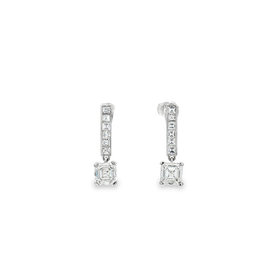 LAB GROWN: Handmade Platinum Carre Cut Diamond drop Earrings Mounts & Lab Grown Ascher cut diamonds to drop. LG1.10ct