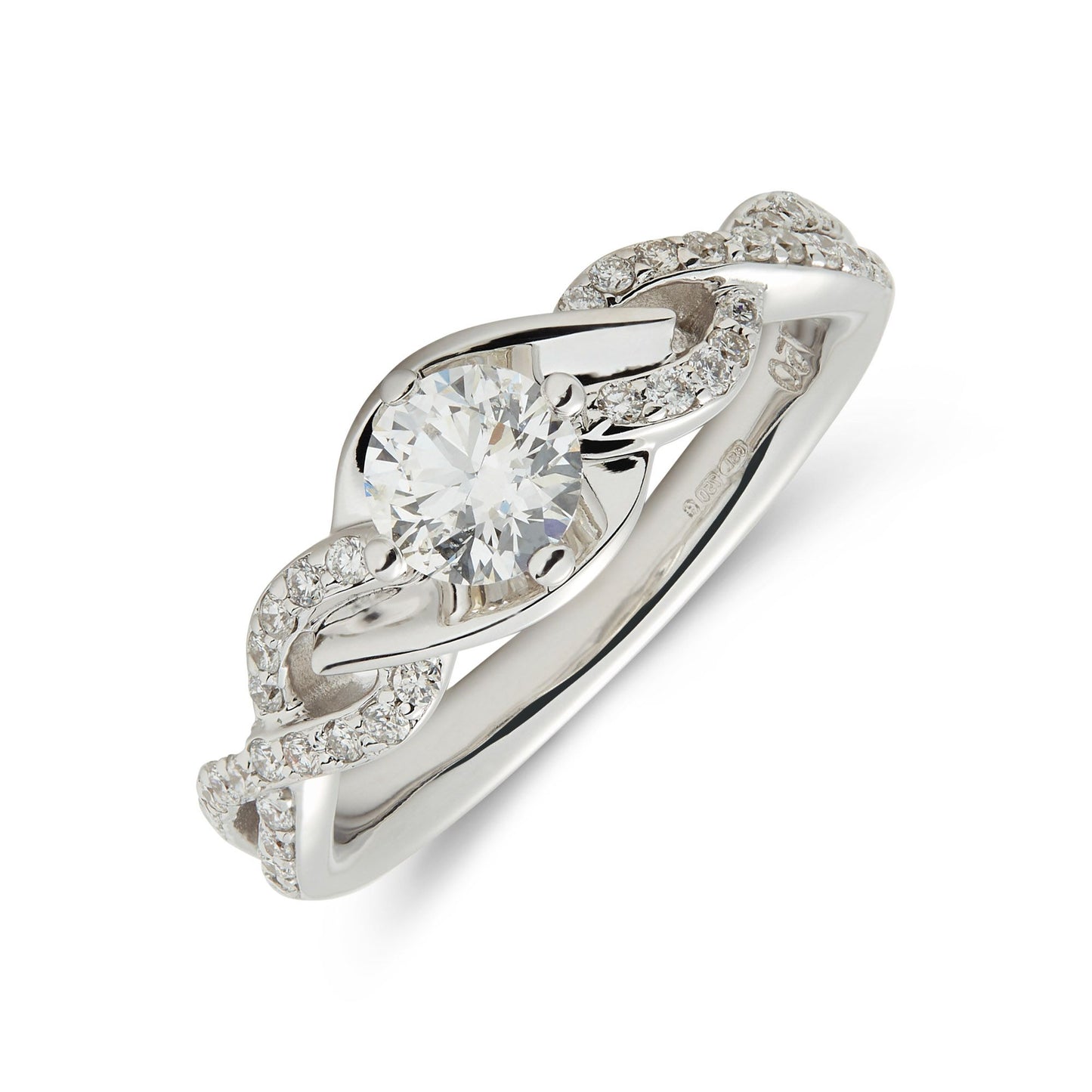 18ct white gold plaited shank with round brilliant diamonds set in shank & round brilliant cut diamond solitaire ring. Henry D Johnstone Jewellers. Alderley Edge, Poynton, Cheshire.