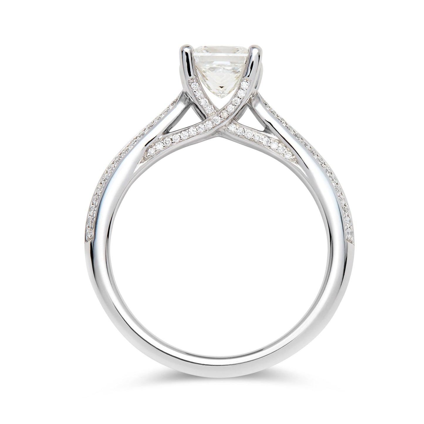Platinum & princess cut diamond solitaire ring with diamond grain set knife edge shoulders - 0.92ct