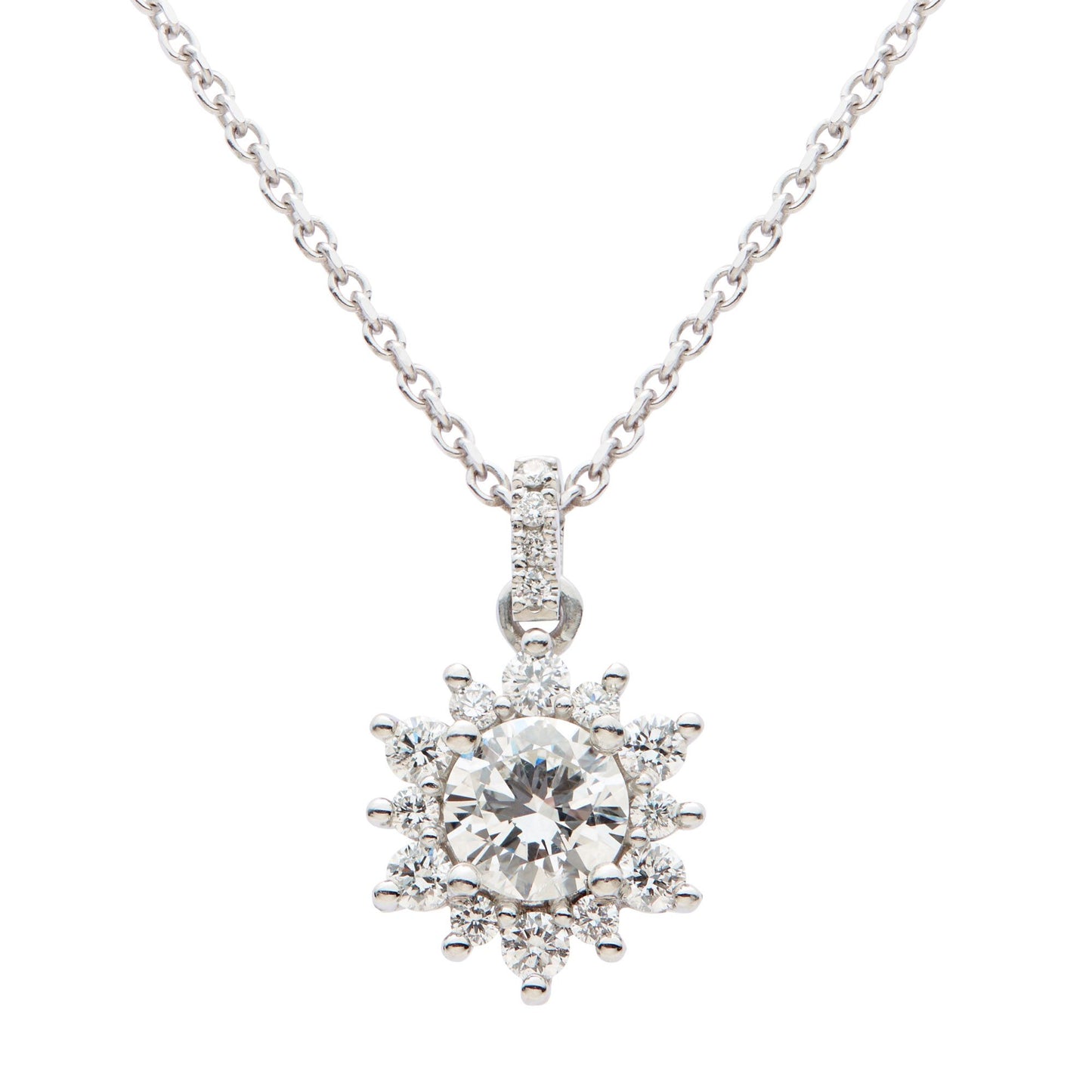 Platinum & round brilliant cut diamond cluster pendant. Henry D Johnstone Jewellers, Alderley Edge, Poynton, Cheshire.