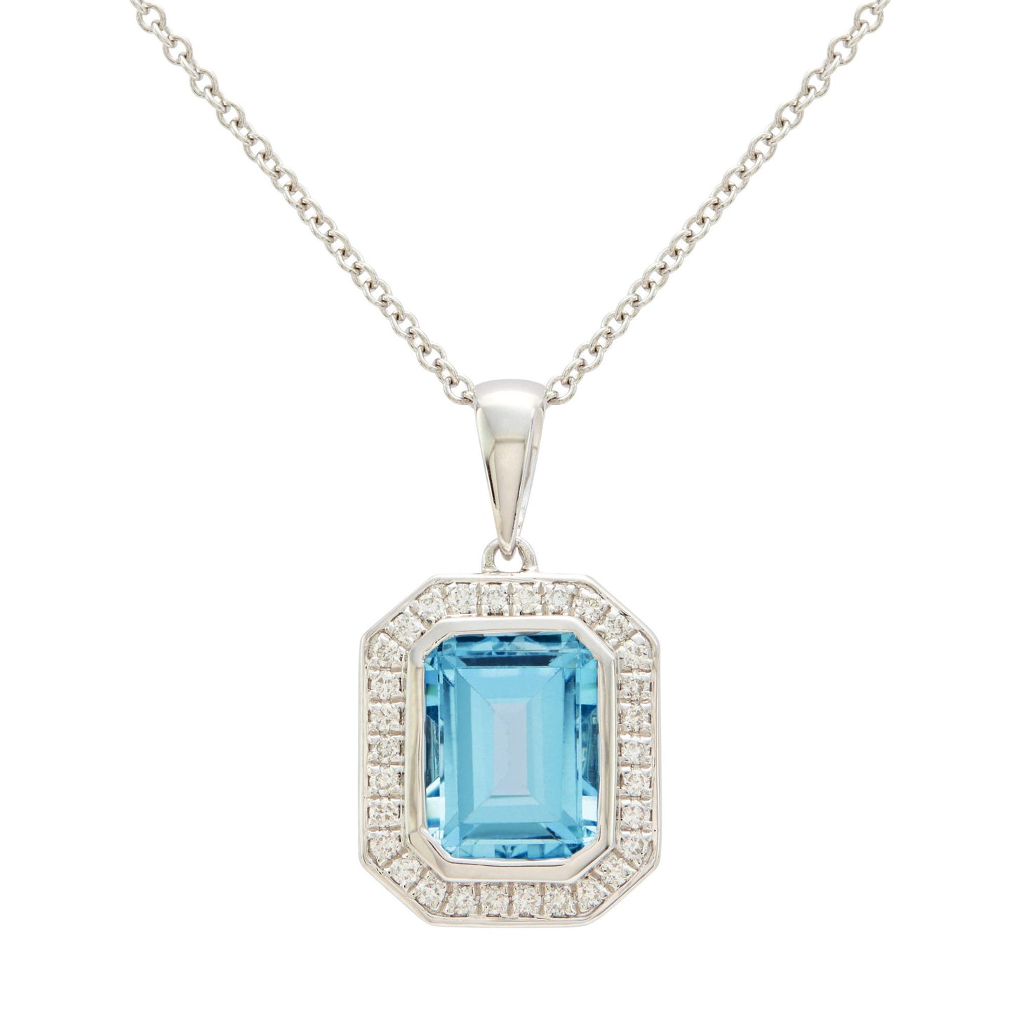 9ct white gold emerald cut blue topaz & diamond halo set pendant - 0.19ct