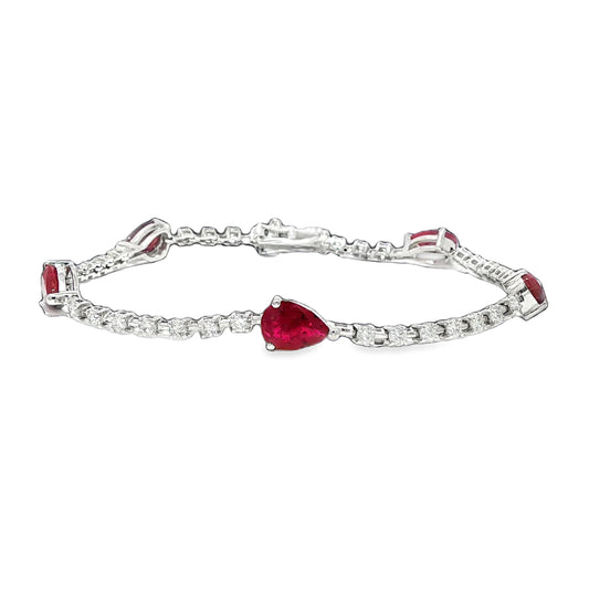 9ct White gold pear shape ruby and diamond line bracelet- R:3.66ct/D:1.20ct