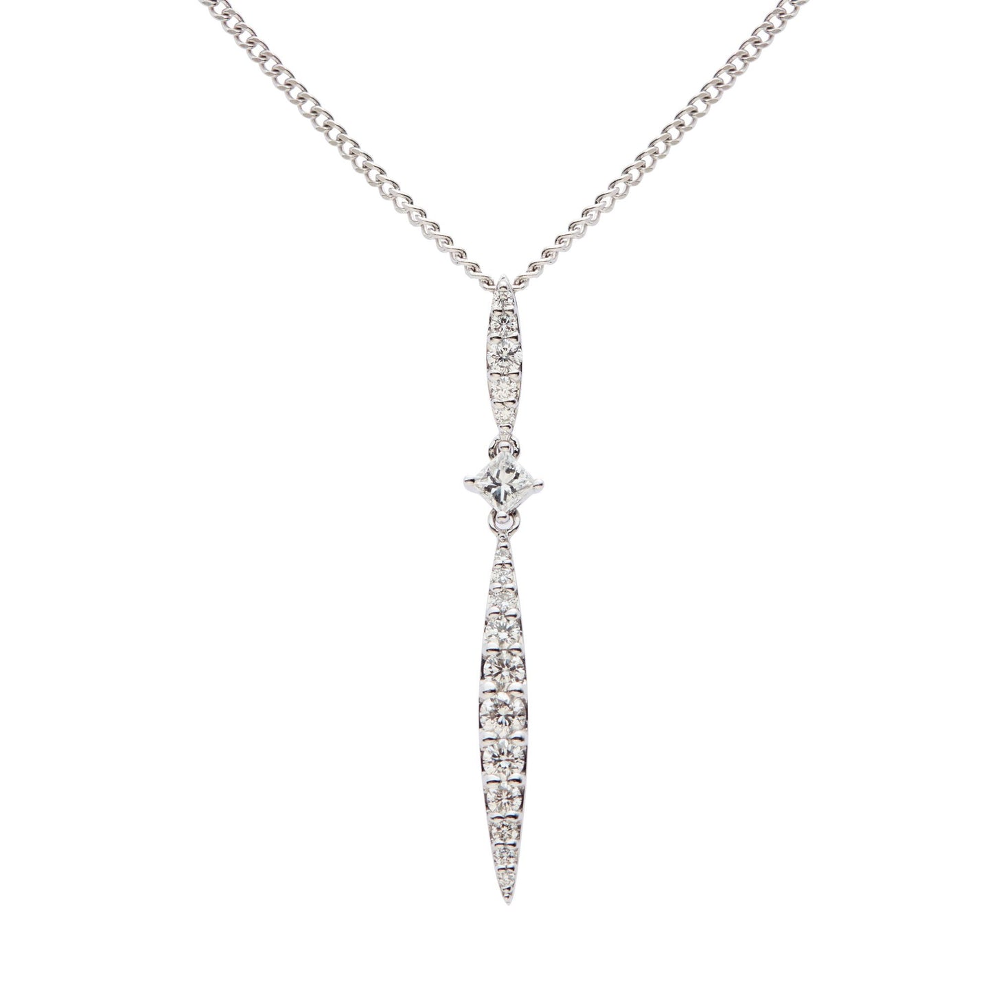 18ct white gold pendant graduated diamond drop 'Flare' pendant. Henry D Johnstone Jewellers, Alderley Edge, Poynton, Cheshire.