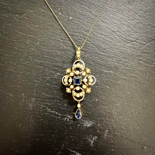 Pre-Owned: Precious yellow metal 'Art Nouveau' pendant & chain set with sapphires and pearls.