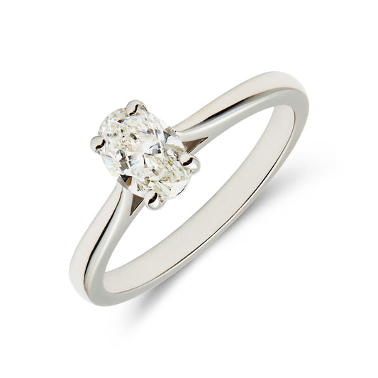Platinum & oval cut diamond solitaire ring. Henry D Johnstone Jewellers. Alderley Edge, Poynton, Cheshire.
