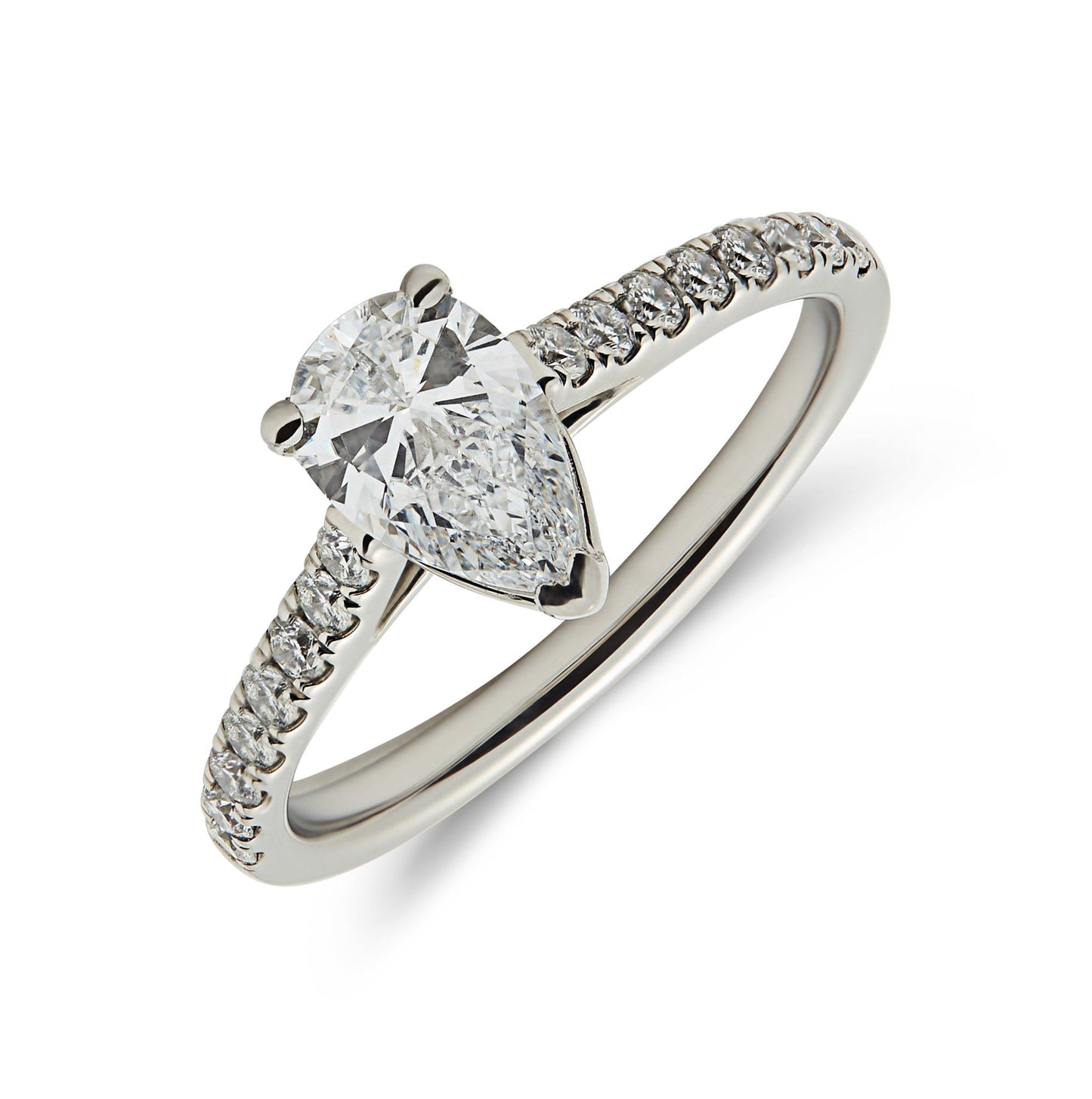 Platinum & pear shape diamond set ring, with diamond set shoulders. Henry D Johnstone Jewellers. Alderley Edge, Poynton, Cheshire.