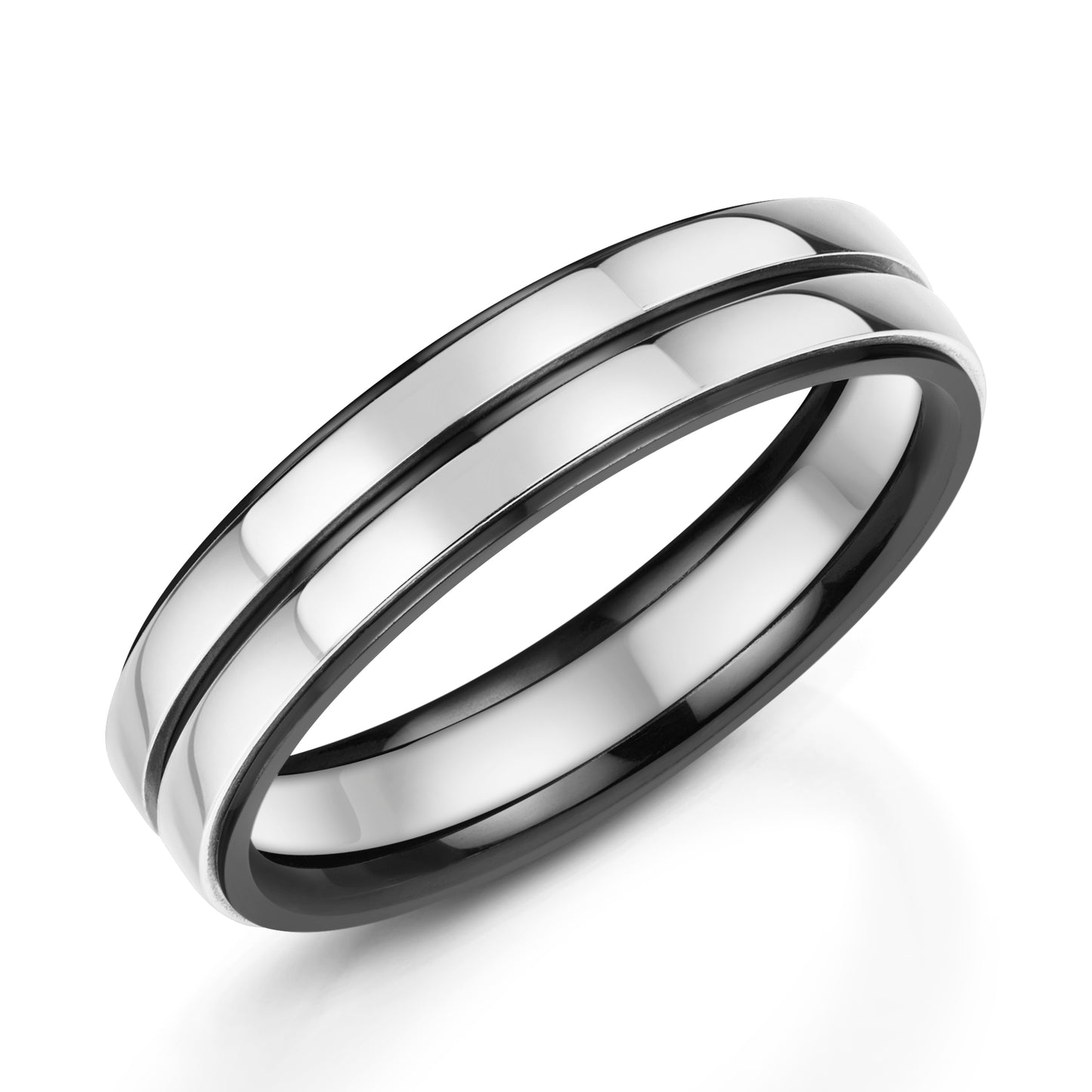 Black Zirconium & Platinum Inlays 5.5mm Wedding Band. Henry D Johnstone Jewellers Alderley Edge and Poynton Cheshire