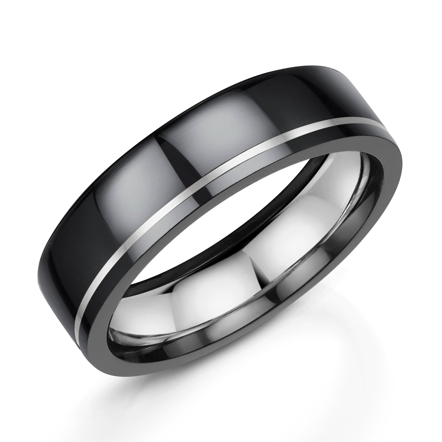 Black zirconium and platinum wedding band with silver inlay