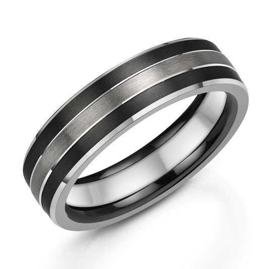 Contemporary black zirconium and platinum ring