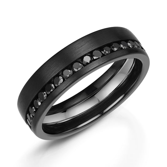Men's black zirconium wedding band with platinum inlay and black diamonds. Henry D Johnstone Jewellers Alderley Edge and Poynton, Cheshire