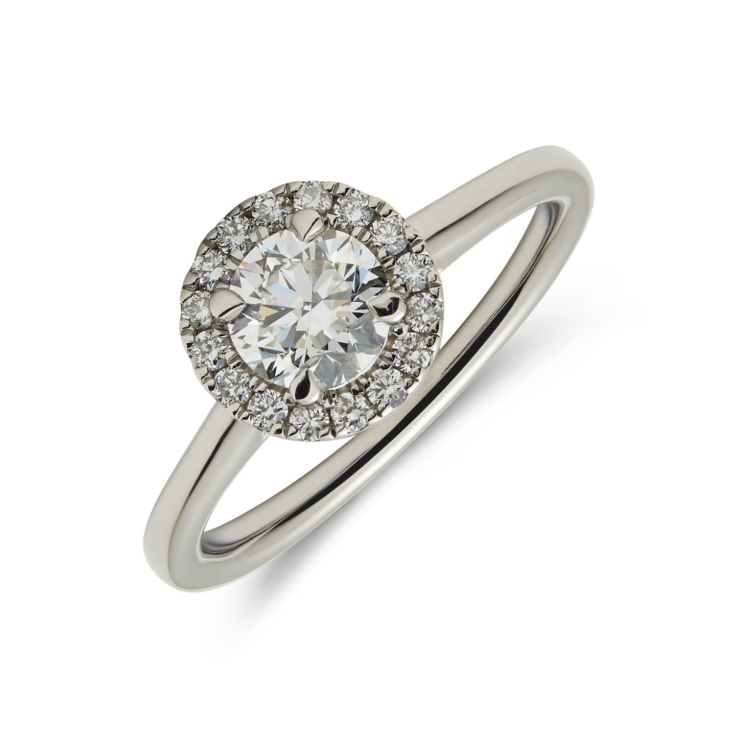 Platinum & round brilliant cut diamond solitaire ring with diamond set halo. Henry D Johnstone Jewellers. Alderley Edge, Poynton, Cheshire.