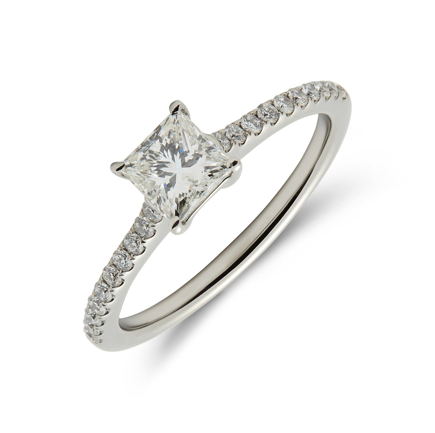 Platinum diamond set shoulder ring with Princess cut solitaire. Henry D Johnstone Jewellers. Alderley Edge, Poynton, Cheshire.