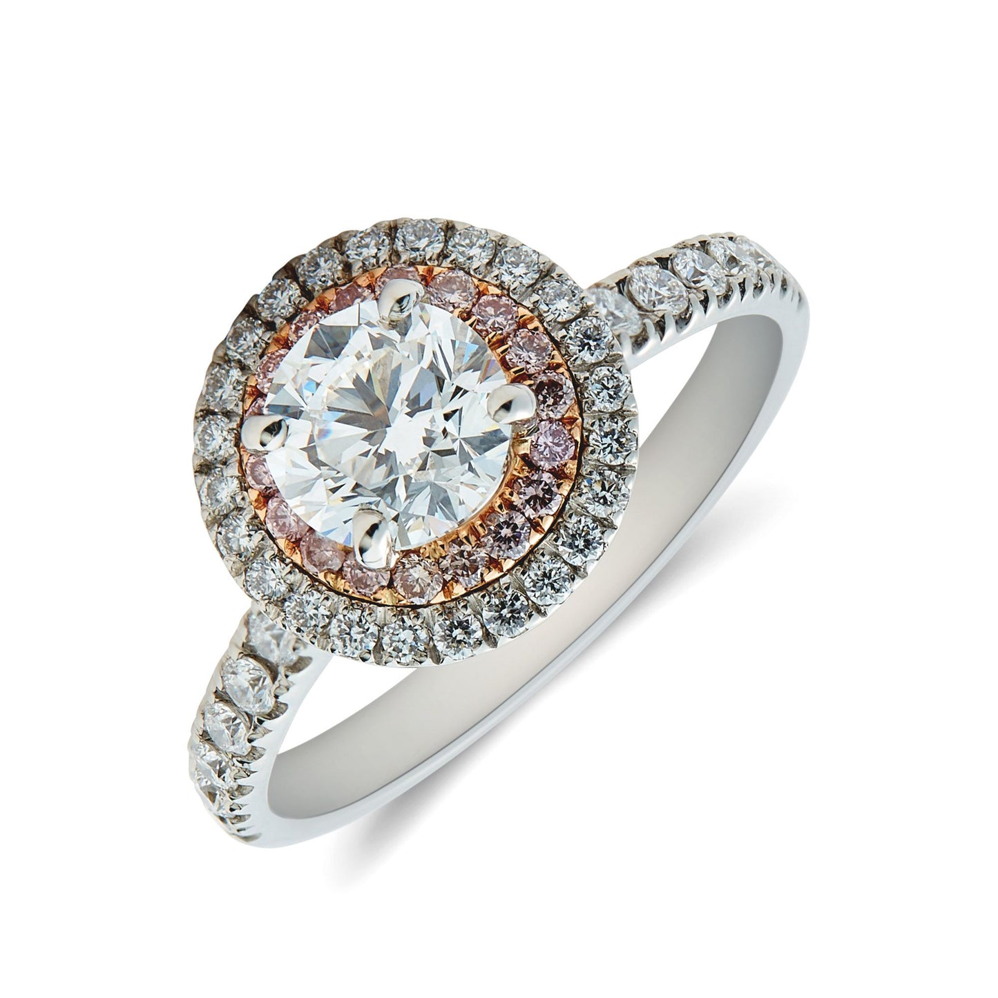 Platinum & 18ct rose gold round brilliant cut diamond solitaire ring with diamond set double row halo and shoulders. Henry D Johnstone Jewellers. Alderley Edge, Poynton, Cheshire.