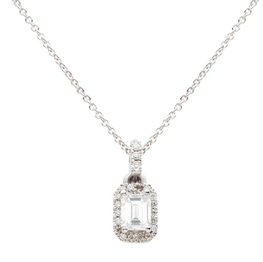 18ct white gold emerald cut diamond halo pendant - 0.34ct