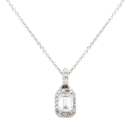 18ct white gold emerald cut diamond halo pendant, Henry D Johnstone Jewellers, Alderley Edge, Poynton, Cheshire.