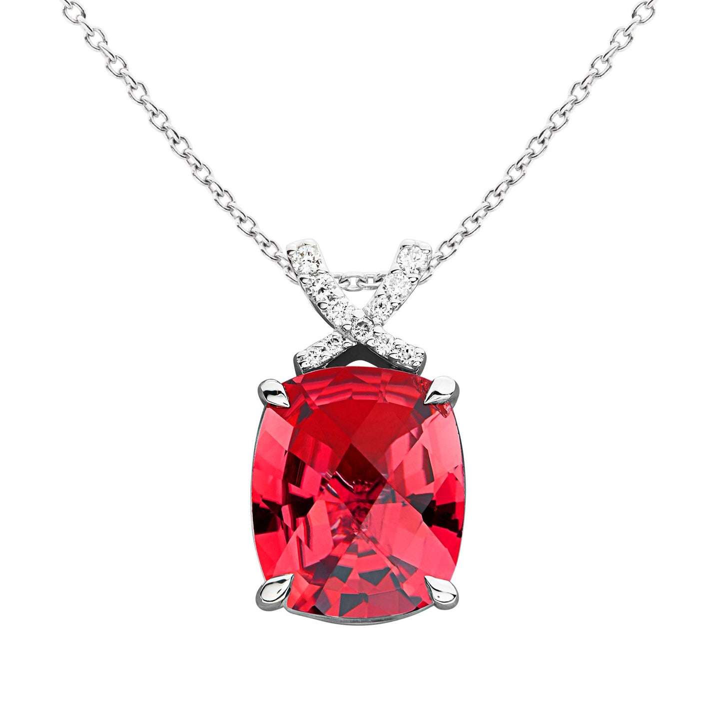 18ct white gold rubellite tourmaline pendant & diamond set pendant. Henry D Johnstone Jewellers, Alderley Edge, Poynton, Cheshire.
