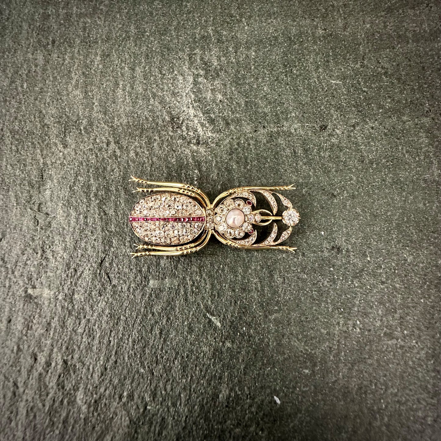 Pre Owned: Precious yellow metal diamond ruby & pearl encrusted Scarab brooch by Wartski London - 3.50ct.