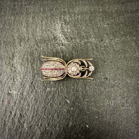 Pre Owned: Precious yellow metal diamond ruby & pearl encrusted Scarab brooch by Wartski London  - 3.50ct.