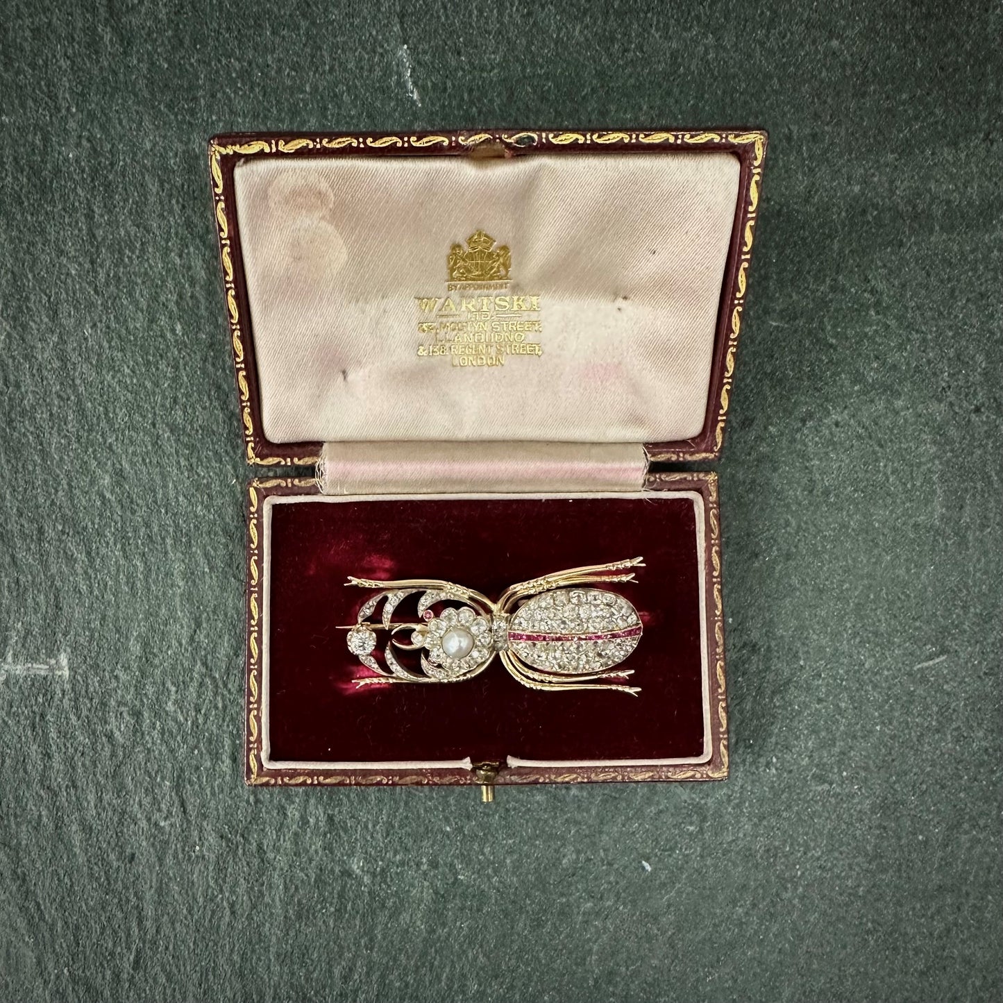 Pre Owned: Precious yellow metal diamond ruby & pearl encrusted Scarab brooch by Wartski London - 3.50ct.
